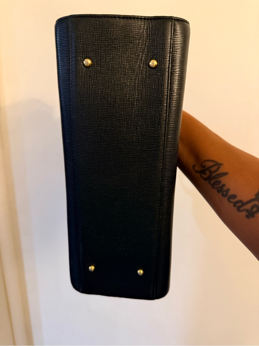 MCM Black Leather Satchel with Gold Logo Plaque - Picture 5 of 9